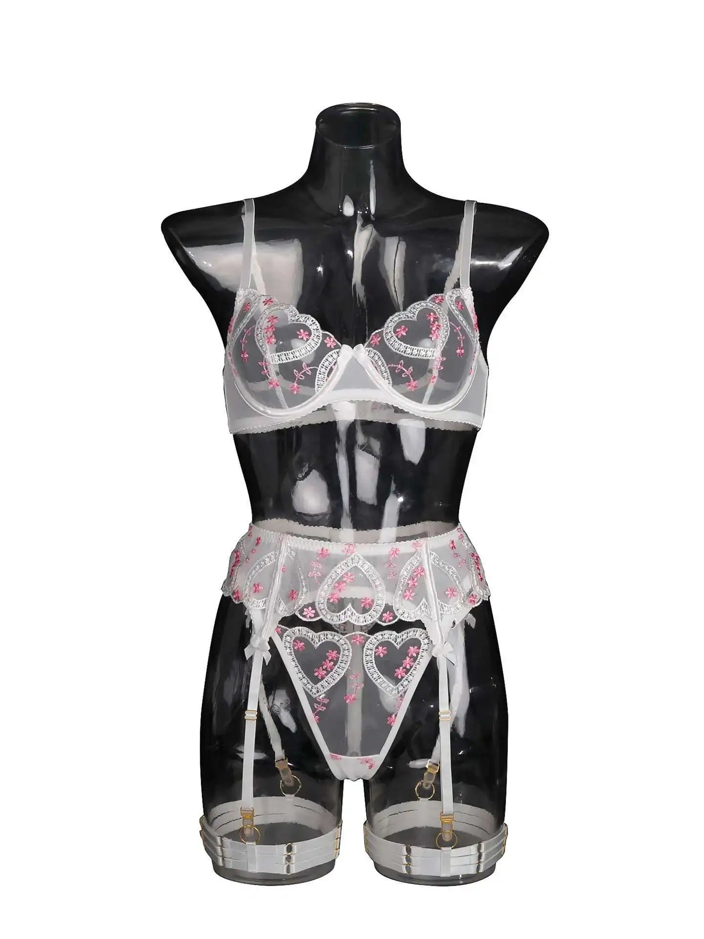 Sweet Heart Lace Embroidery Lingerie Set – Sheer Bra & Garter Belt with Bows