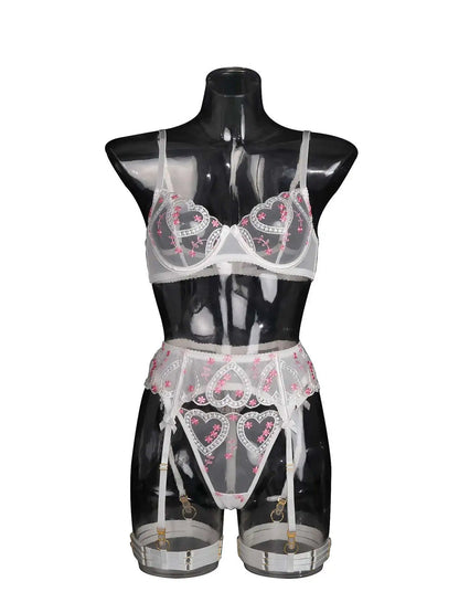 Sweet Heart Lace Embroidery Lingerie Set – Sheer Bra & Garter Belt with Bows