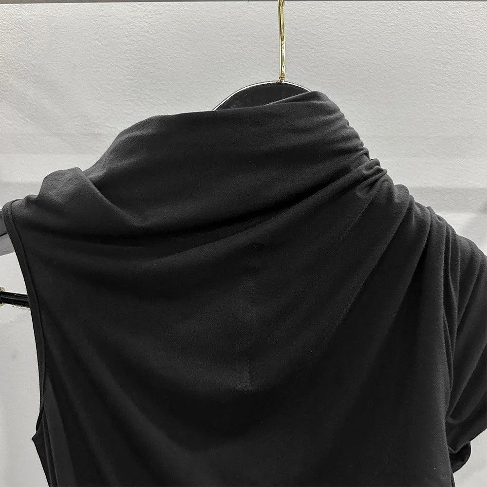 Asymmetrical Pleated Cropped High Neck Micro Elastic One Shoulder Knitted Top.