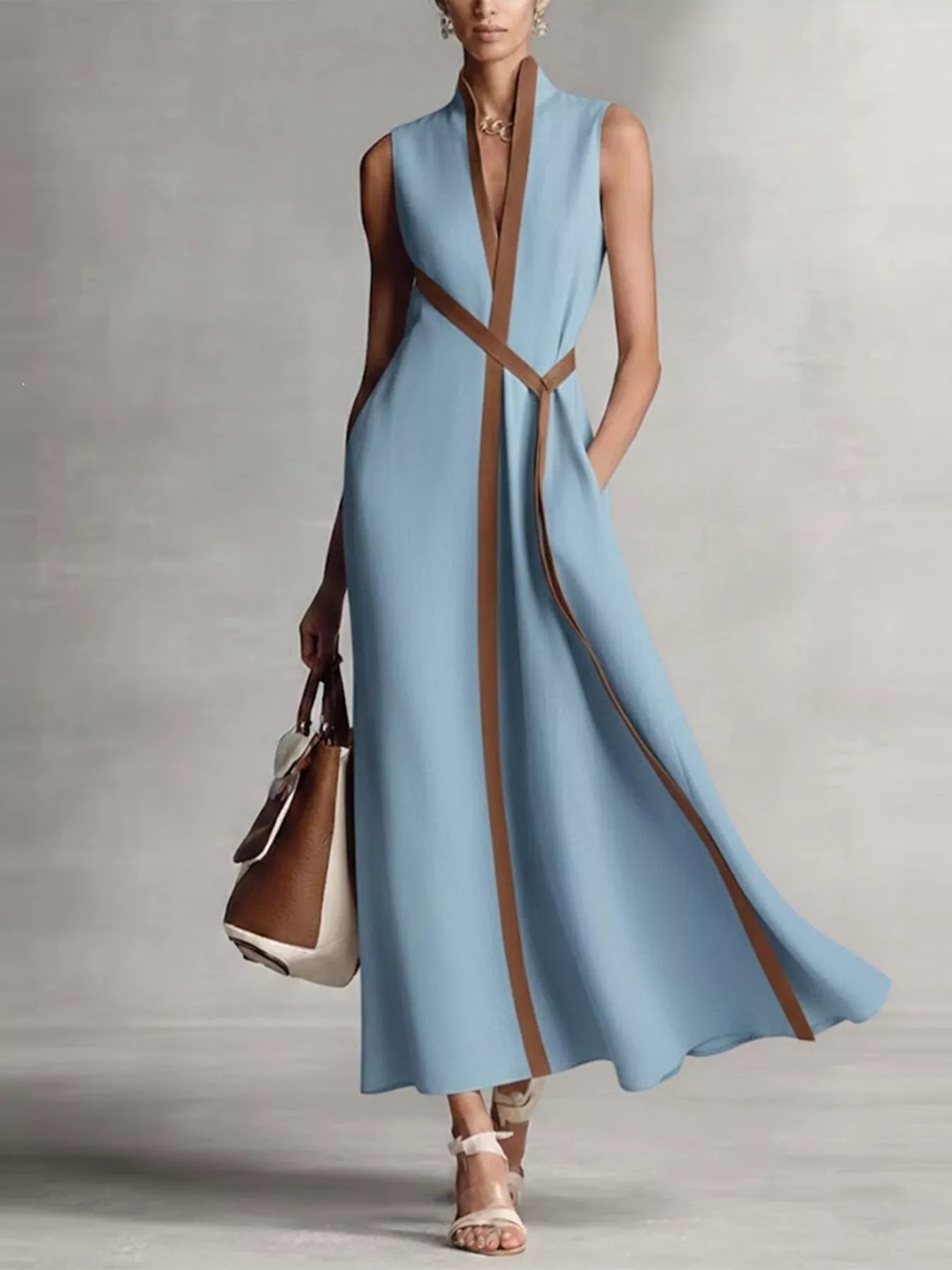 Sleeveless Belted Contrast Trim Midi Dress in dusty blue, front view showing contrast neckline trim and self-tie belt