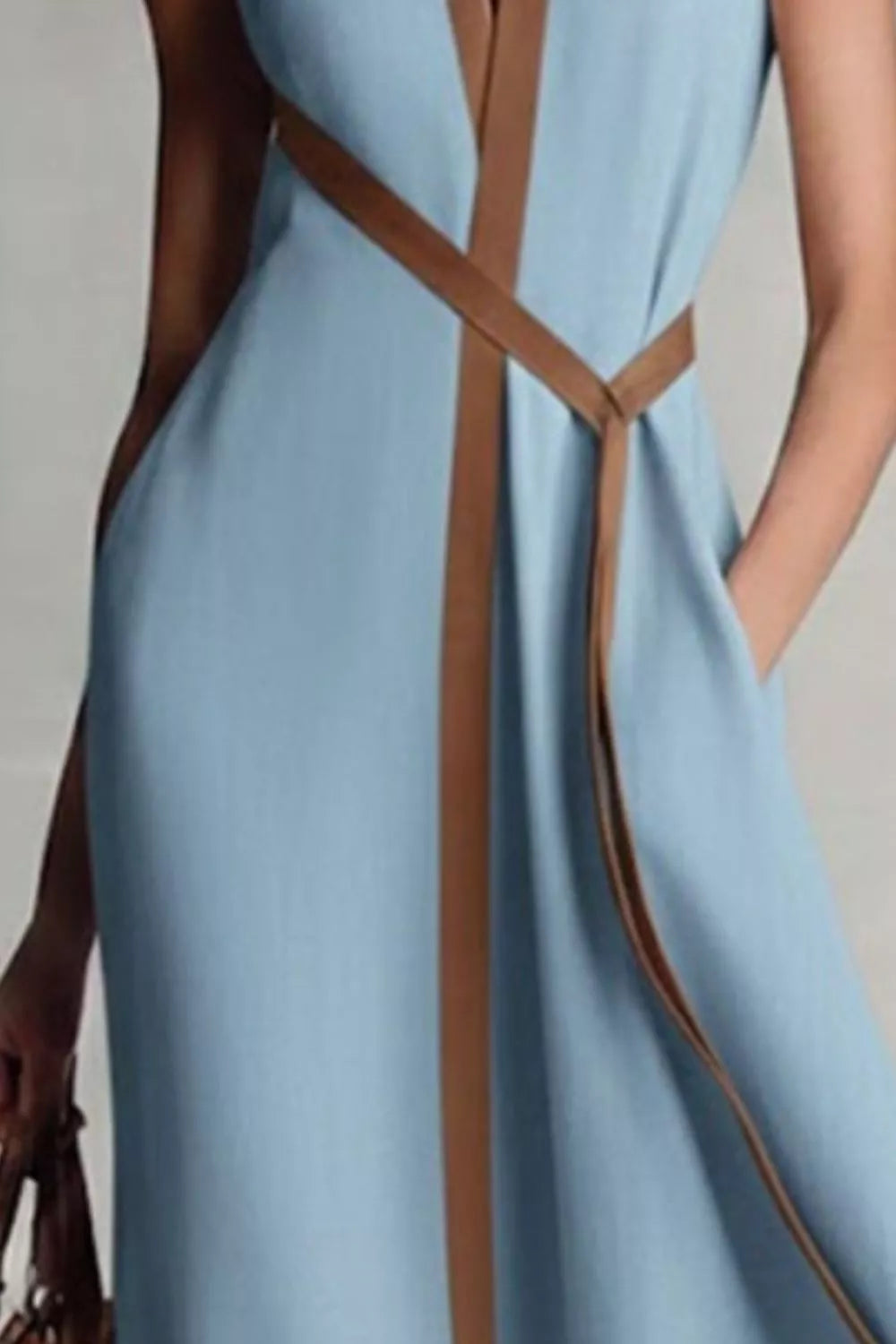Sleeveless Belted Contrast Trim Midi Dress in dusty blue, full-length view showing relaxed midi silhouette and hidden pockets