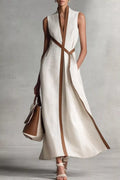 Sleeveless Belted Contrast Trim Midi Dress in white, front view showing contrast neckline trim and self-tie belt at waist