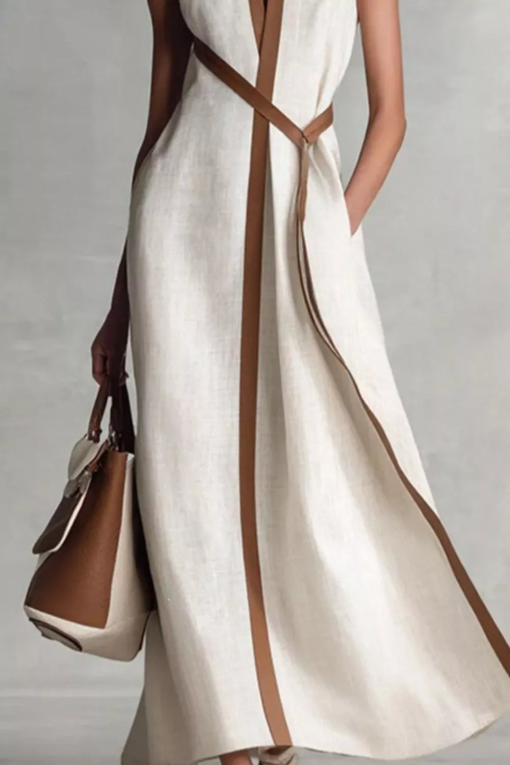 Sleeveless Belted Contrast Trim Midi Dress in white, full-length view showing belted waist and hidden side pocket detail