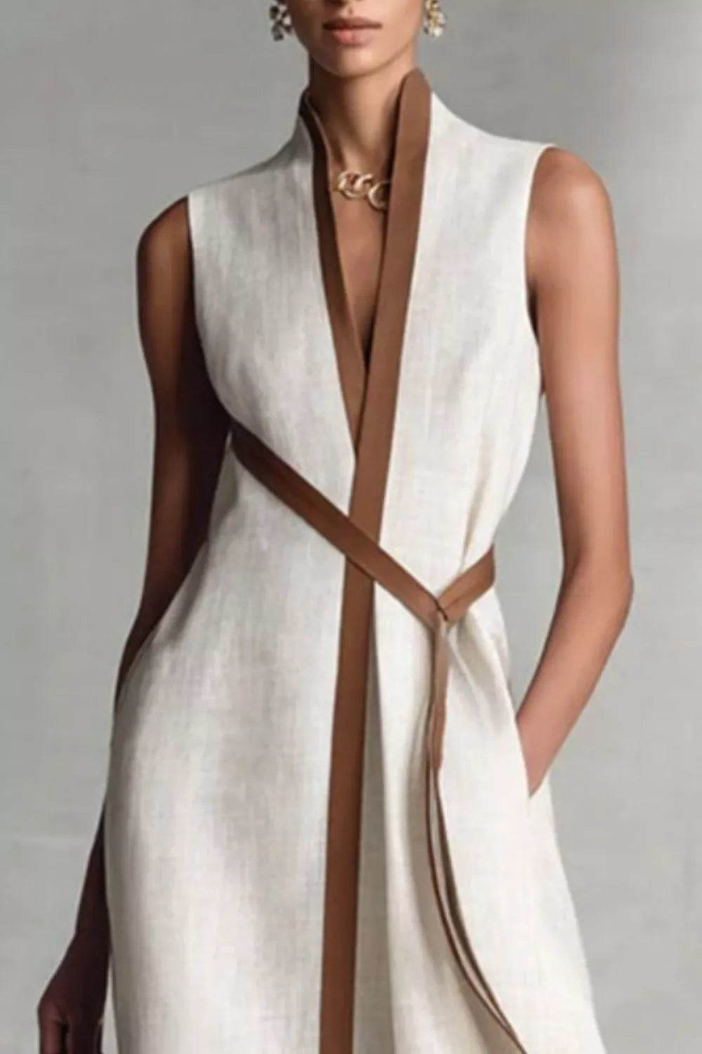 Sleeveless Belted Contrast Trim Midi Dress in white, three-quarter view showing sleeveless silhouette, belted waist, and midi-length hem