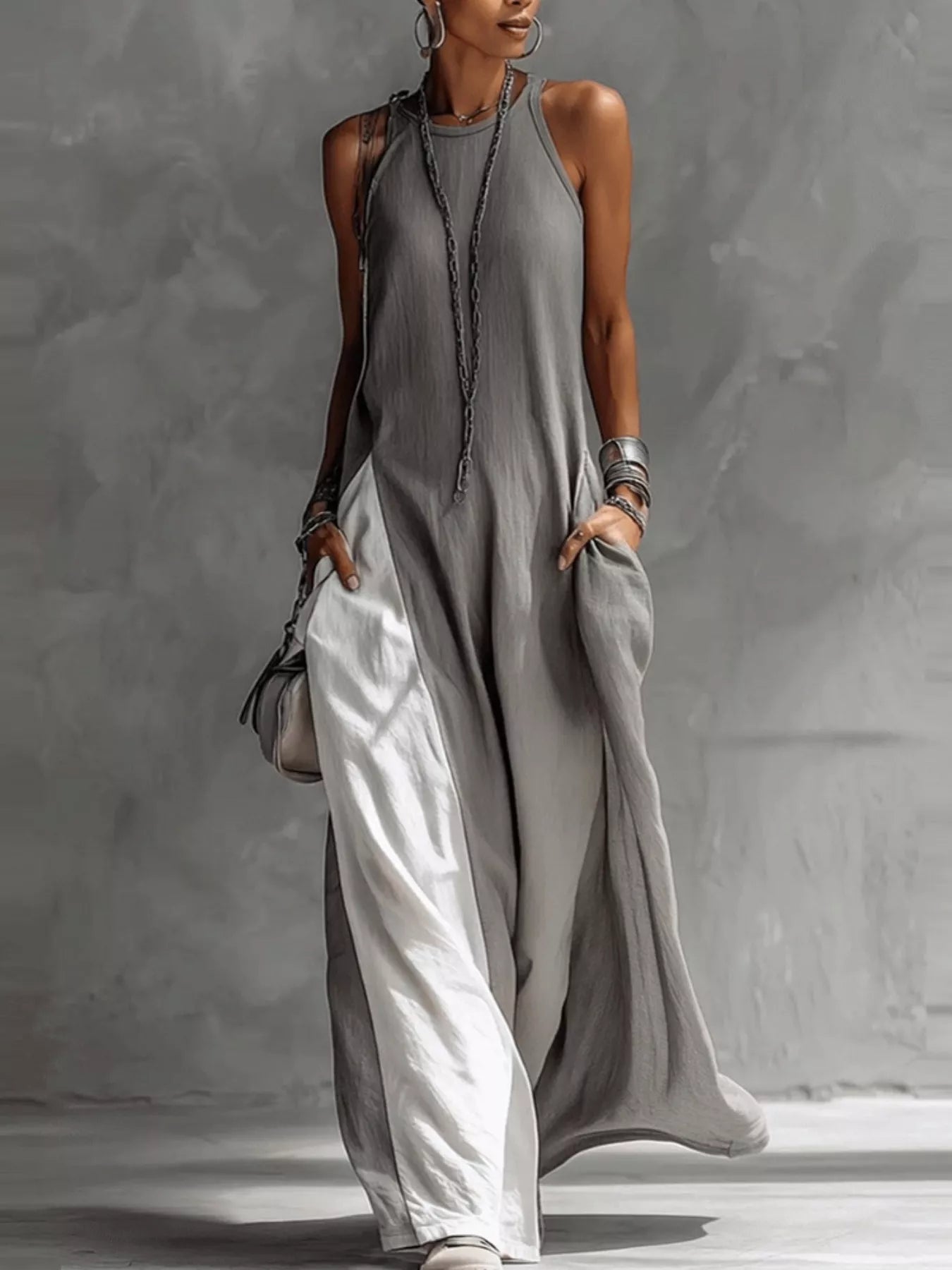 Two-tone sleeveless maxi dress, boho resort summer maxi dress