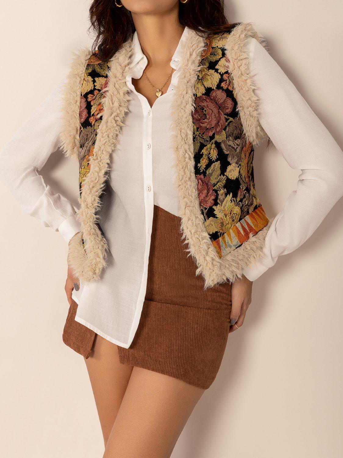 Embroidered Fuzzy Trim Open Front Vest Coat.