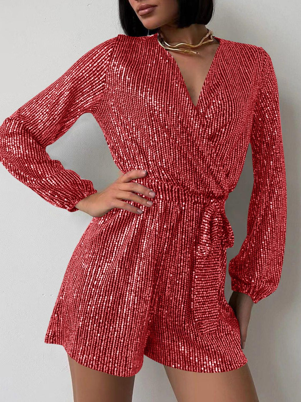 Full Size Sequin Surplice Tie Waist Long Sleeve Romper.