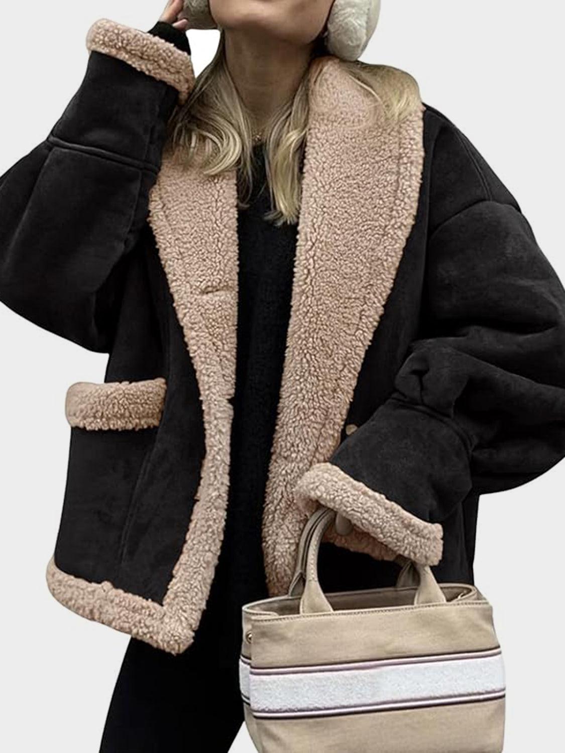 Fuzzy Collared Neck Long Sleeve Jacket.