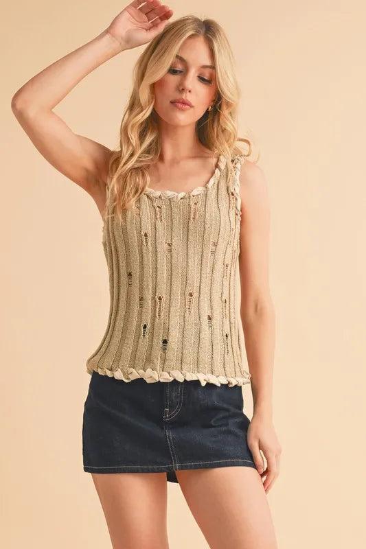 Aemi+Co Distressed Detail Round Neck Knit Tank.