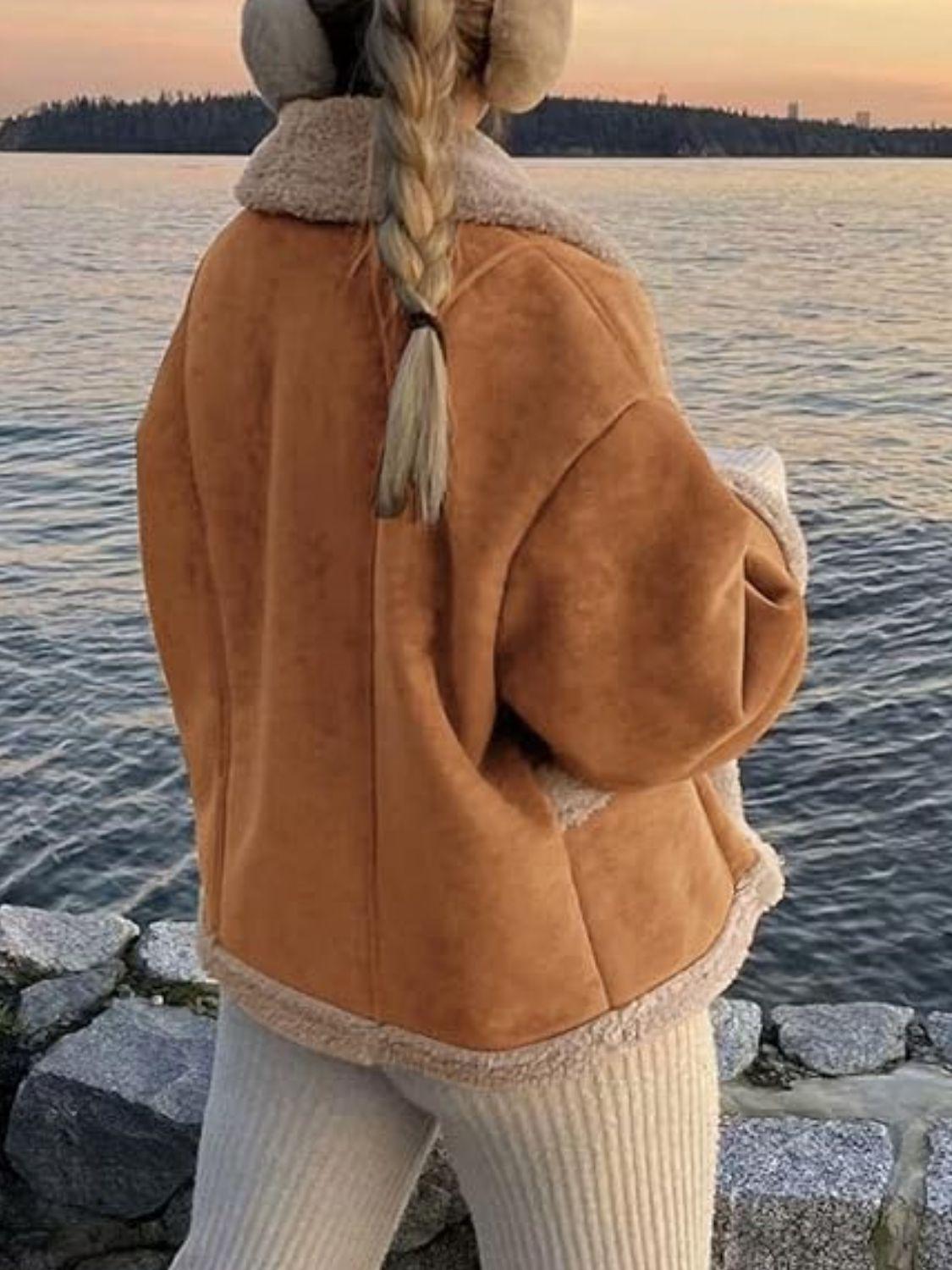 Fuzzy Collared Neck Long Sleeve Jacket.