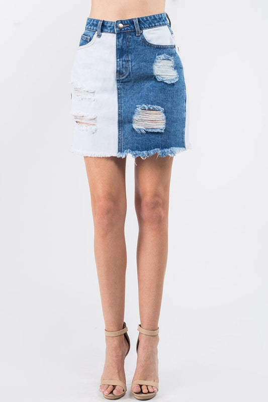 American Bazi Contrast Patched Frayed Denim Distressed Skirts - SHANKARA CHÉRIE