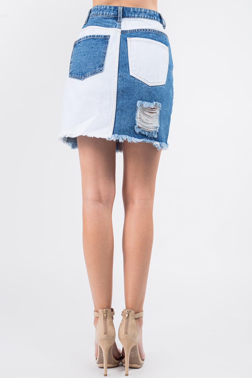 American Bazi Contrast Patched Frayed Denim Distressed Skirts - SHANKARA CHÉRIE