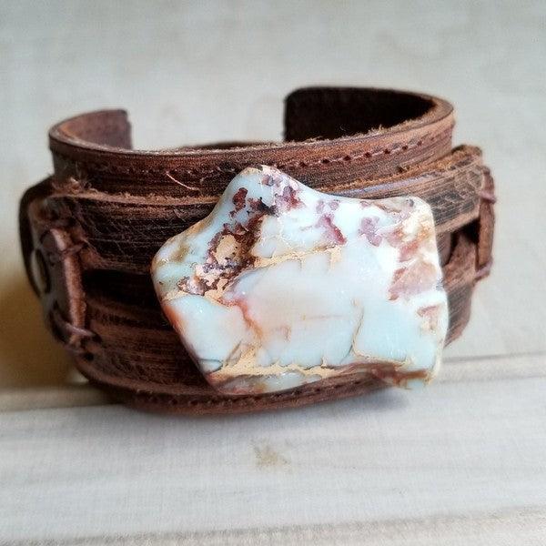 Aqua Terra Slab on Dusty Leather Cuff Bracelet - SHANKARA CHÉRIE