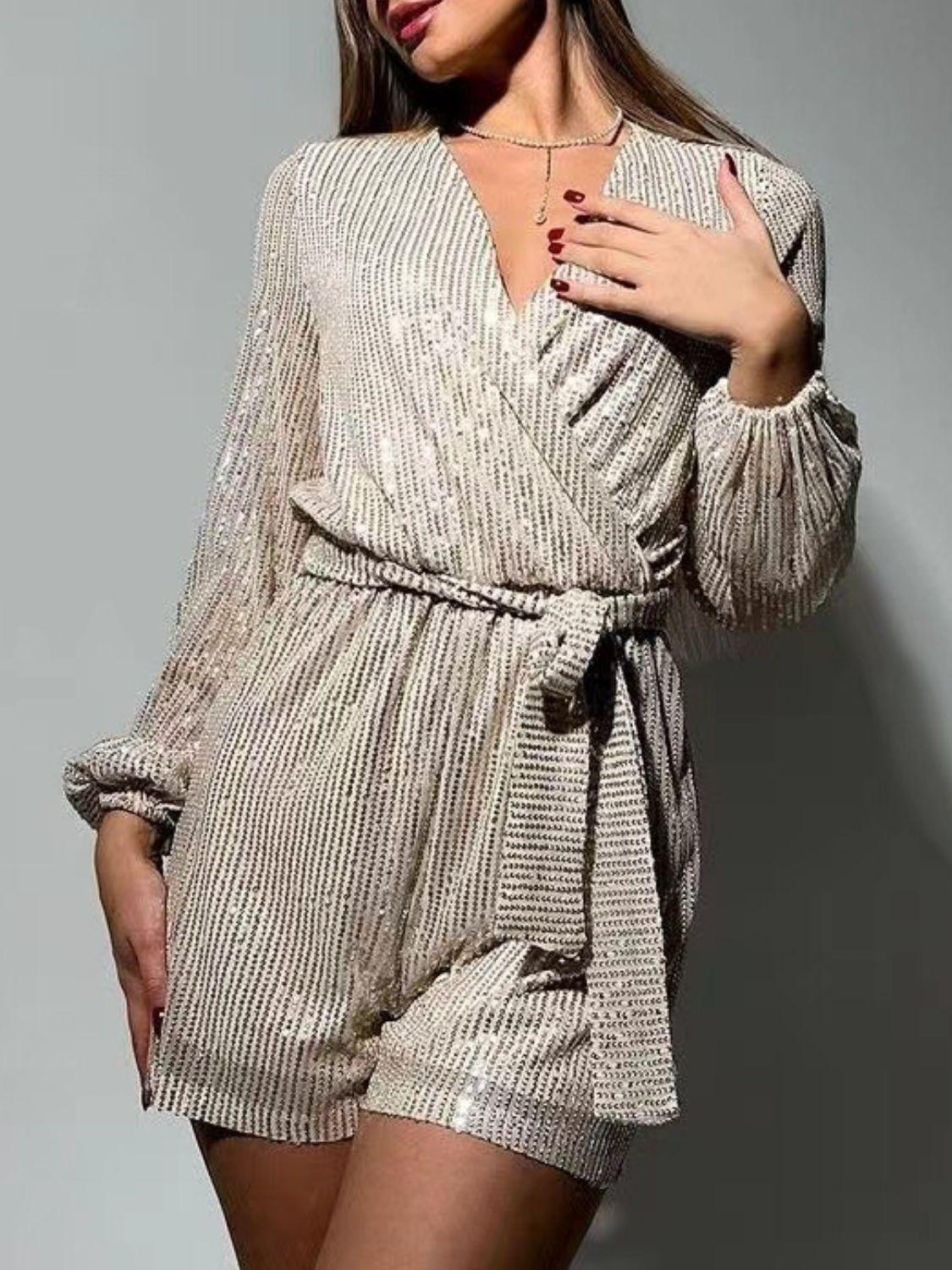 Full Size Sequin Surplice Tie Waist Long Sleeve Romper.