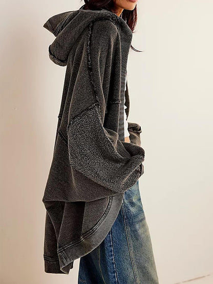 Exposed Seam Open Front Batwing Sleeve Hooded Cardigan