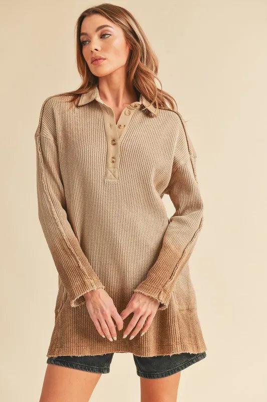 Aemi+Co Waffle-Knit Frayed Hem Button Detail Top.