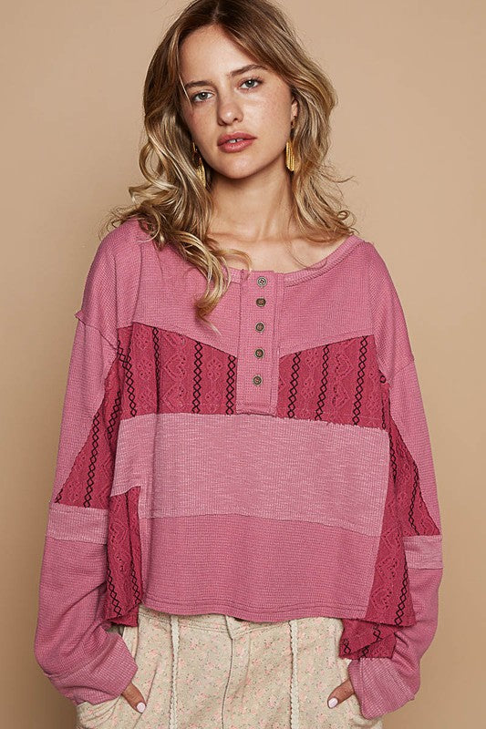 Half Button Color Block Drop Shoulder Knit Top