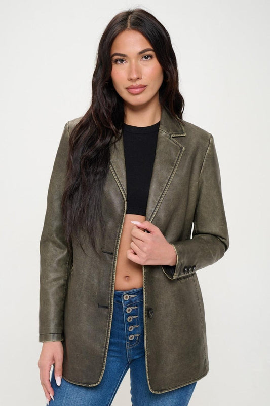 Coalition LA Single-Breasted Vegan Leather Blazer.