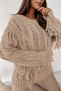 Cable Knit Fringe Round Neck Long Sleeve Sweater.