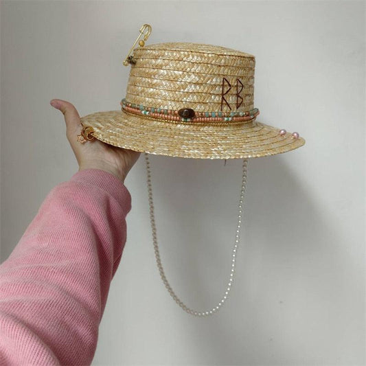 Punk Chain Straw Hat Pearl Chain DIY Jazz cap Sun Hat Letter Hat Beach Hat Men's and Women's Punk Hat Candy Color Sun - SHANKARA CHÉRIE