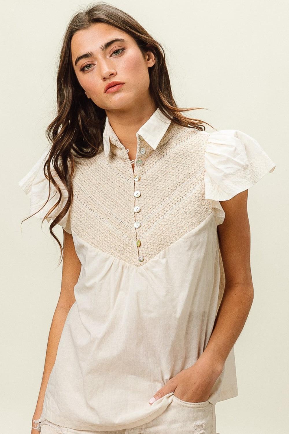 BiBi Half Button Collared Neck Short Sleeve Top - SHANKARA CHÉRIE