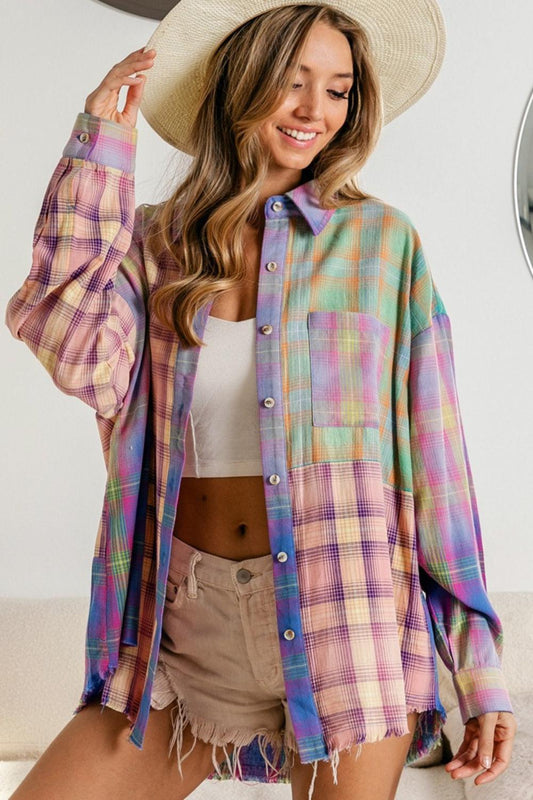 BiBi Plaid Color Block Button Up Shirt - SHANKARA CHÉRIE