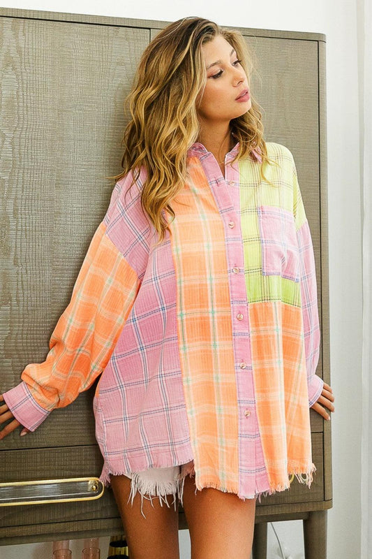 BiBi Plaid Color Block Raw Hem Shirt - SHANKARA CHÉRIE