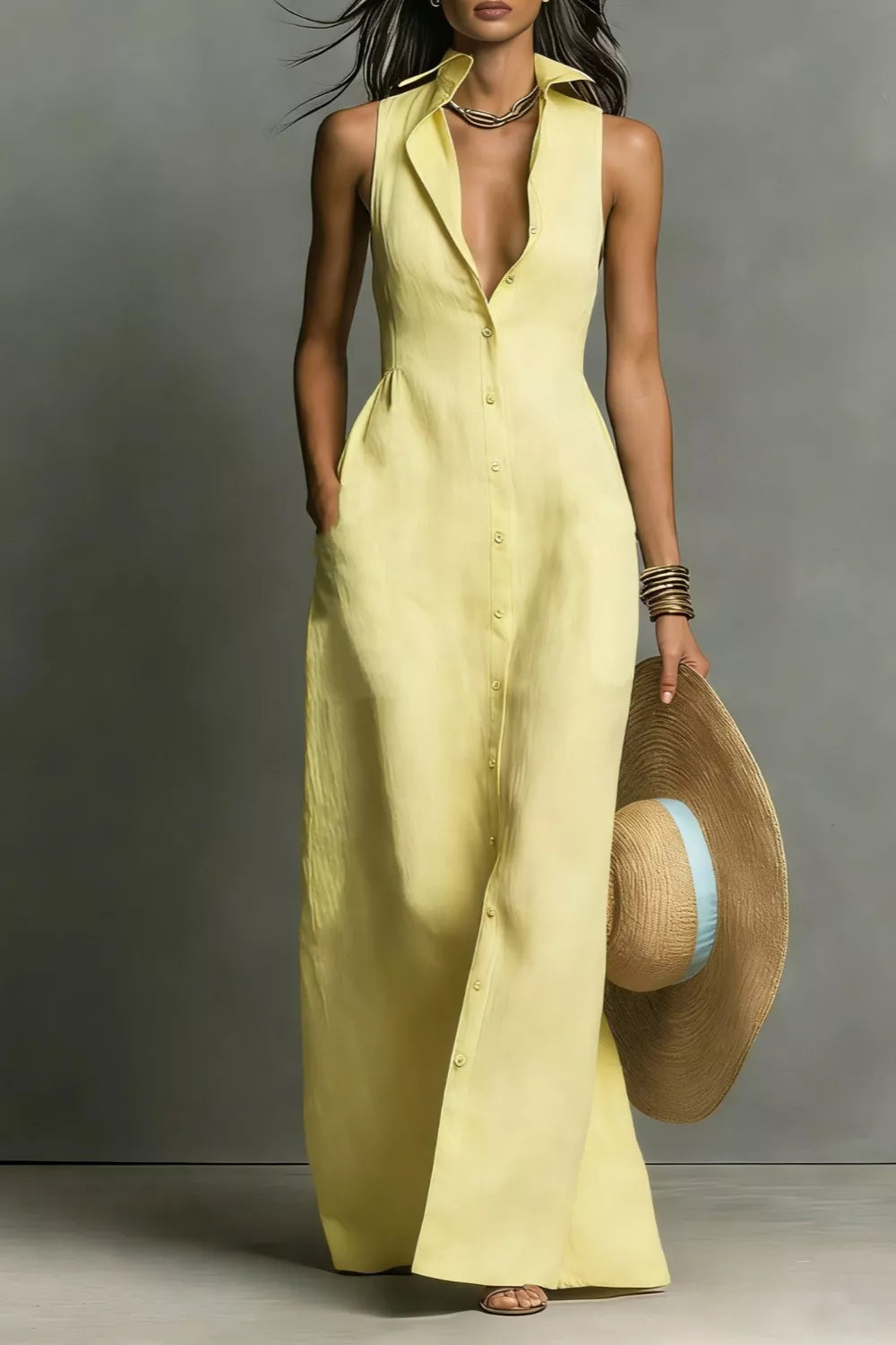 Black sleeveless collared maxi shirt dress, full-length styled view.
