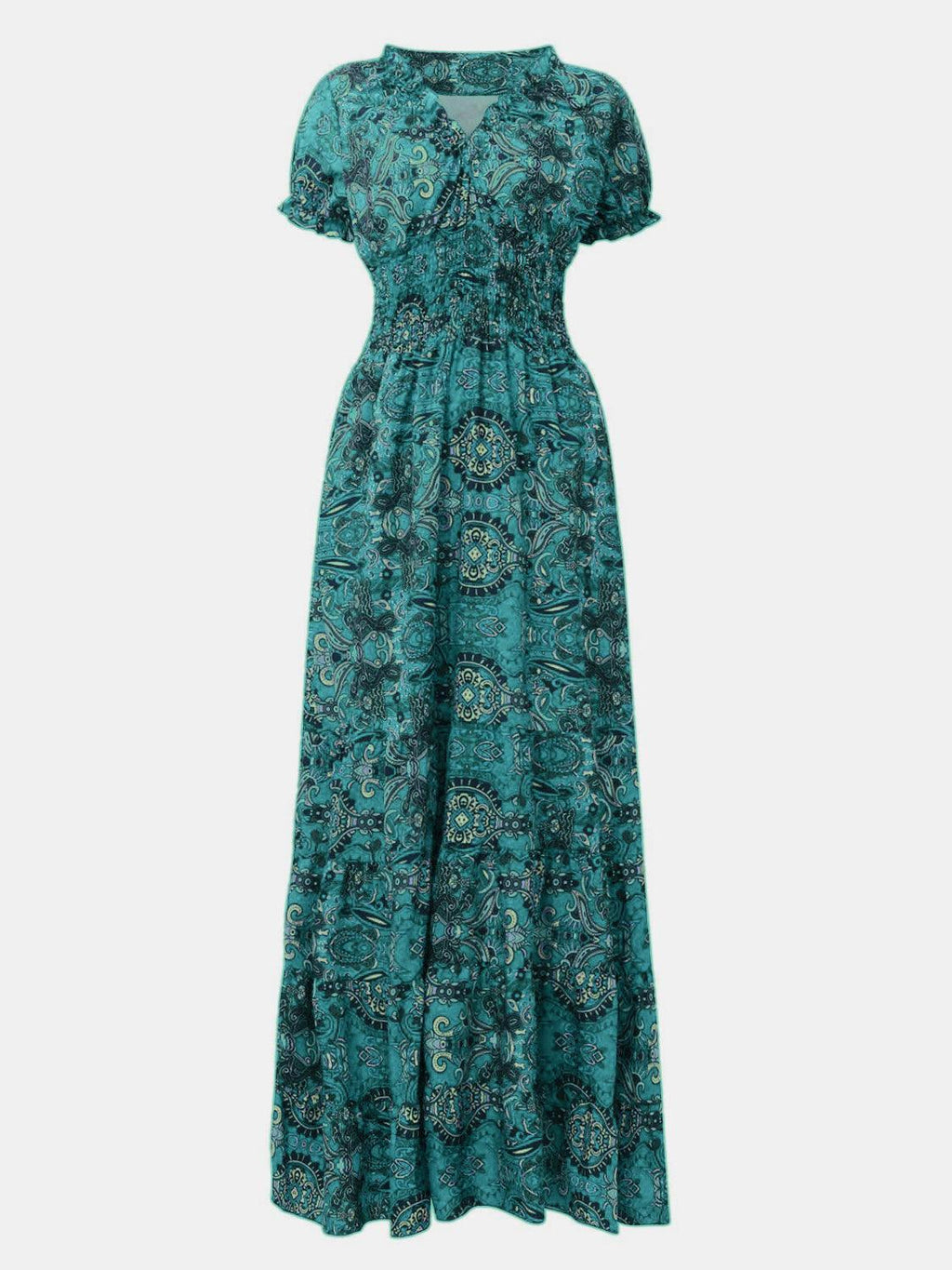 Blue paisley boho smocked maxi dress, three-quarter view showing the V-neckline and bohemian print.