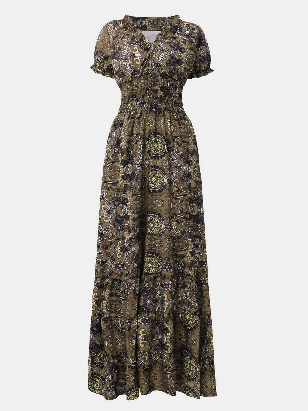 Boho paisley smocked V-neck short-sleeve maxi dress, paisley print fabric detail close-up.