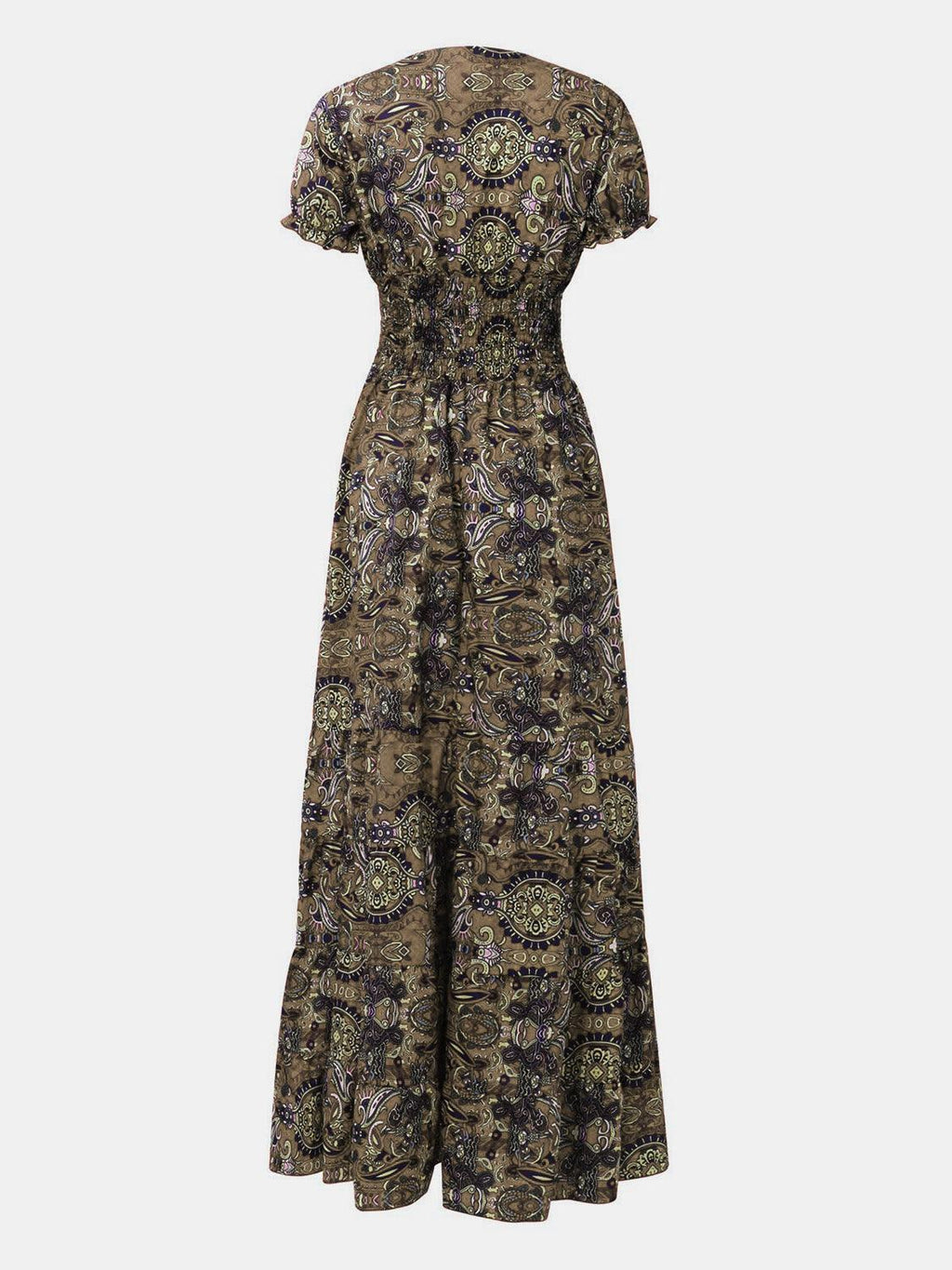 Boho paisley smocked V-neck maxi dress, fabric and smocked-panel detail close-up.