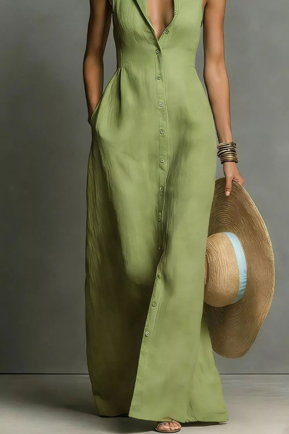 Sleeveless collared button-down maxi shirt dress, fabric detail close-up showing the linen-look polyester.