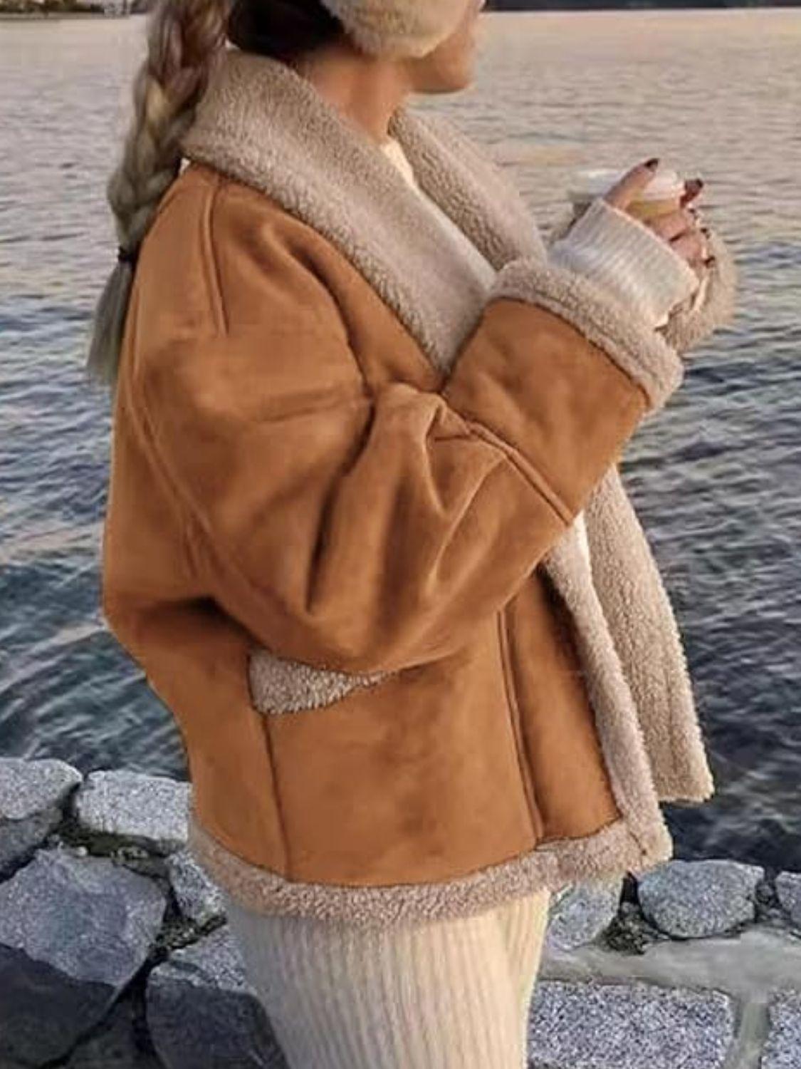 Fuzzy Collared Neck Long Sleeve Jacket.