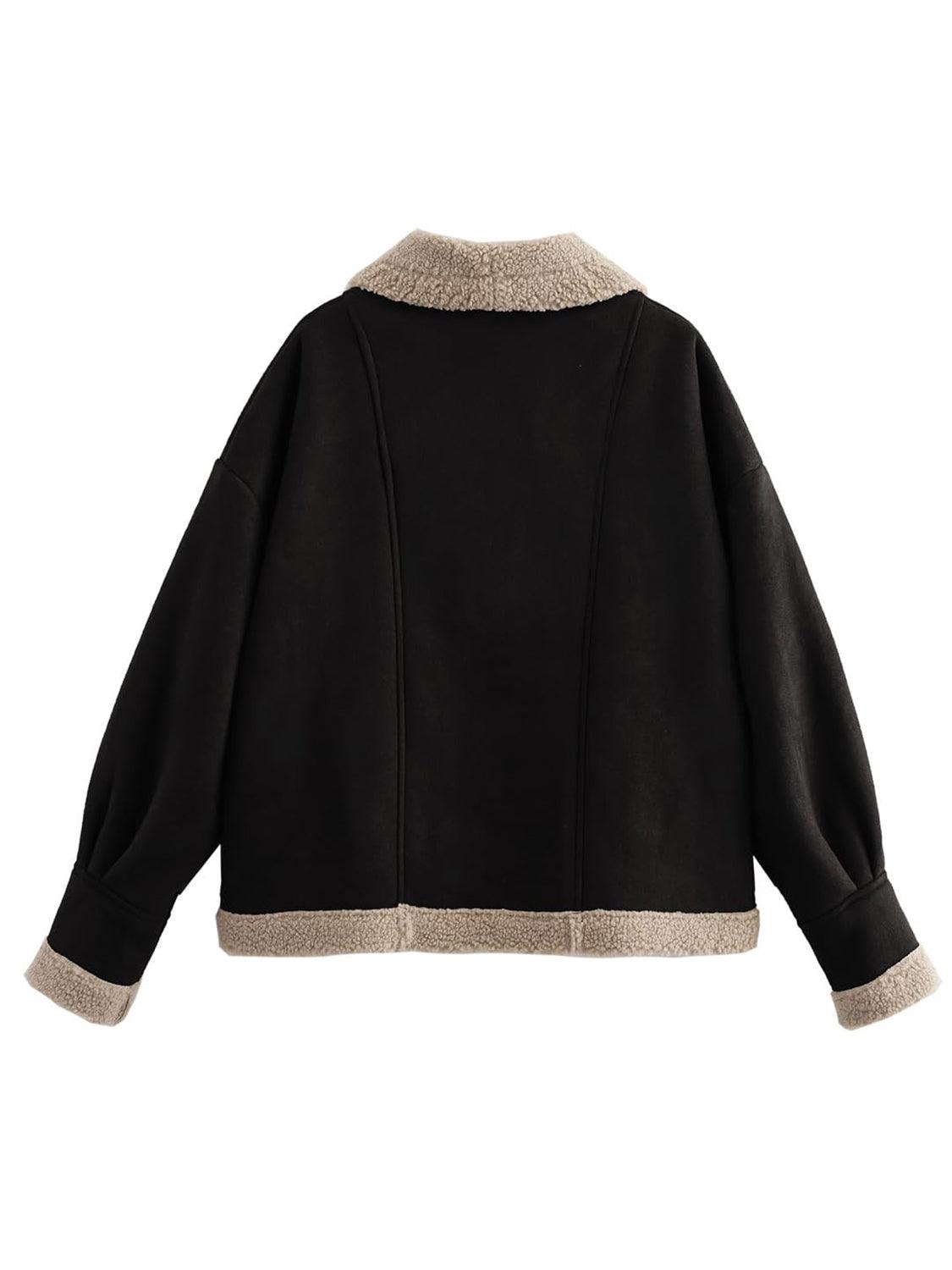 Fuzzy Collared Neck Long Sleeve Jacket.