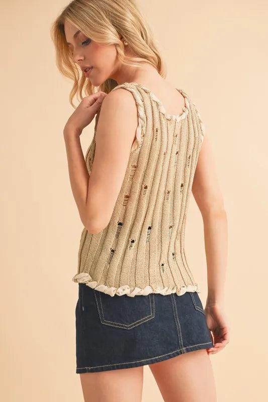 Aemi+Co Distressed Detail Round Neck Knit Tank.