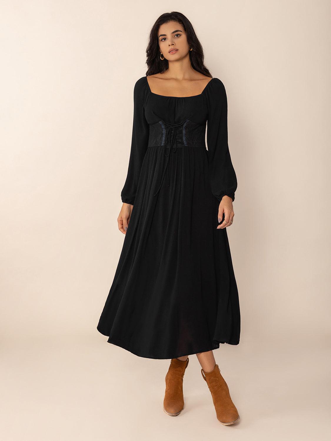 Lace-Up Square Neck Long Sleeve Midi Dress.