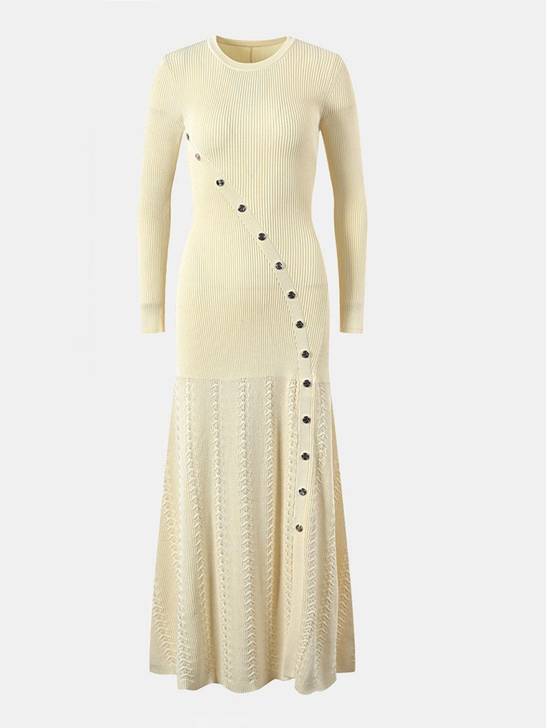 Openwork Round Neck Long Sleeve Sweater Dress.