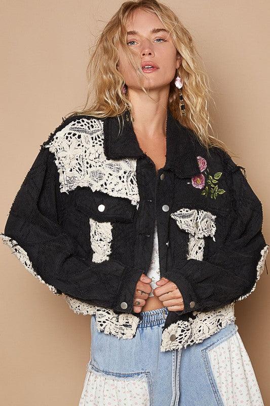 POL Crochet Patch Embroidered Button Up Jacket.