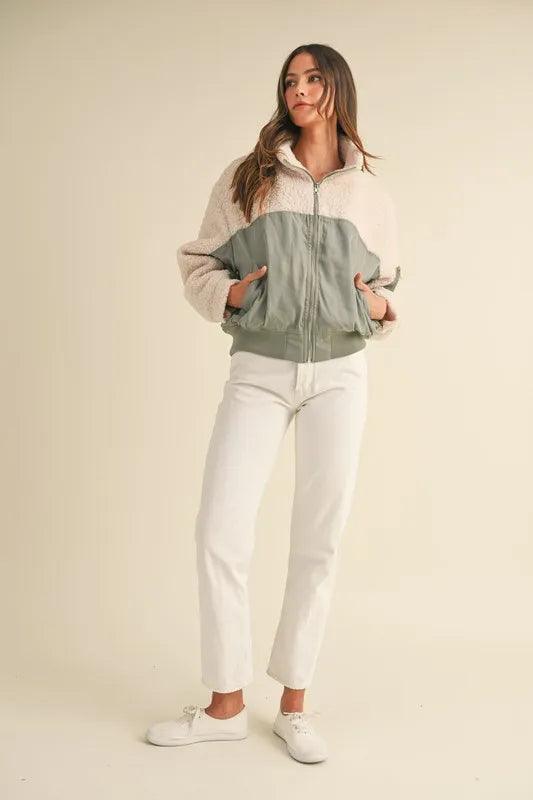 MABLE Shearling Contrast Bomber Jacket.