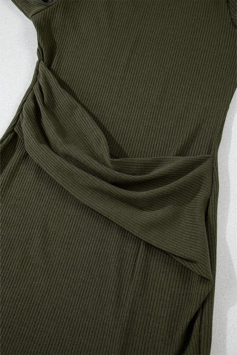 Slit Round Neck Long Sleeve Mini Dress.