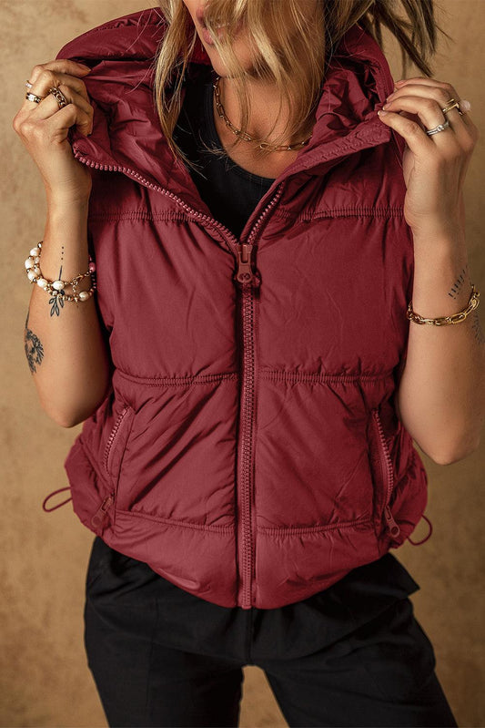 Drawstring Zip Up Hooded Vest Coat.