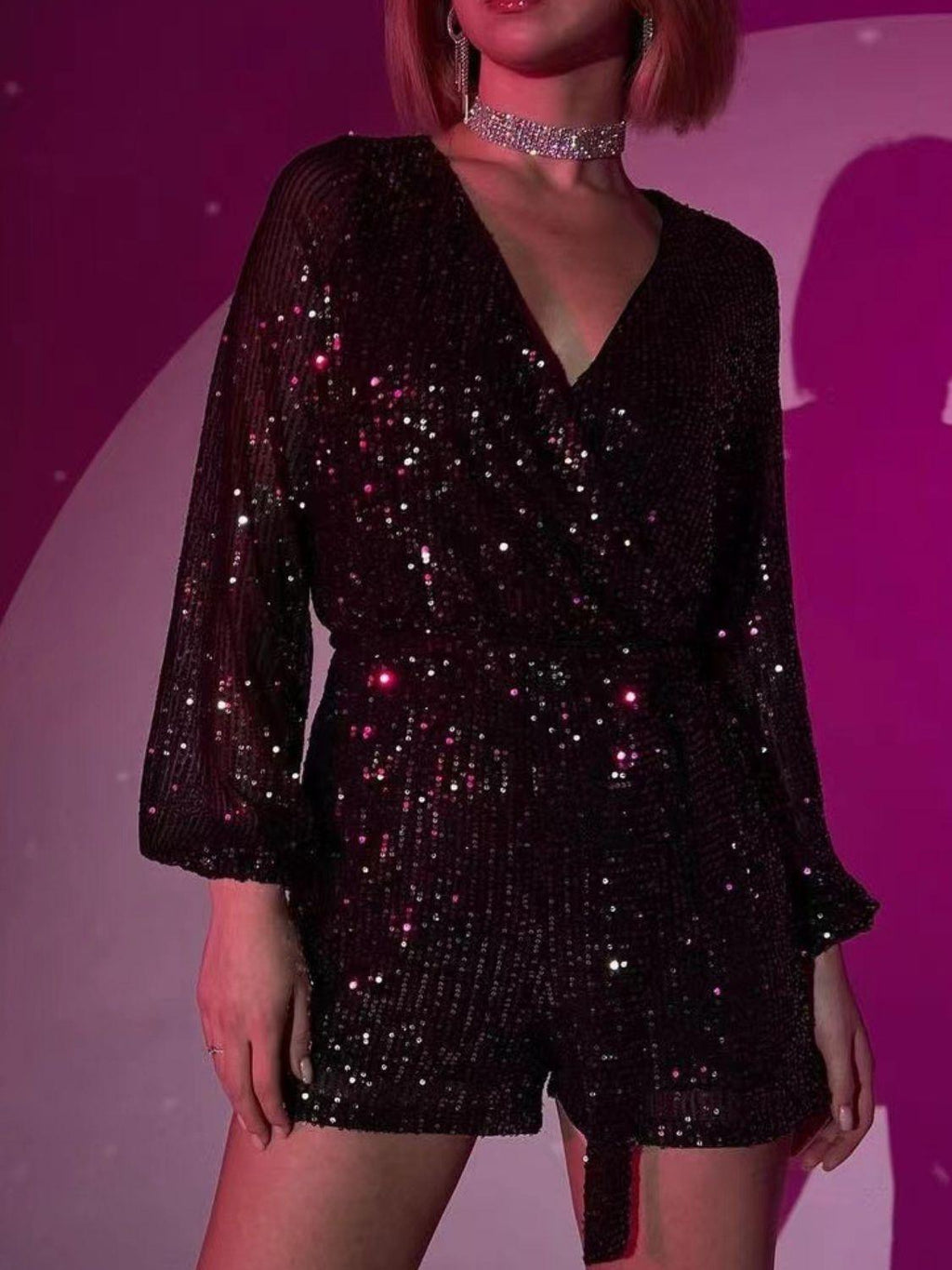 Full Size Sequin Surplice Tie Waist Long Sleeve Romper.