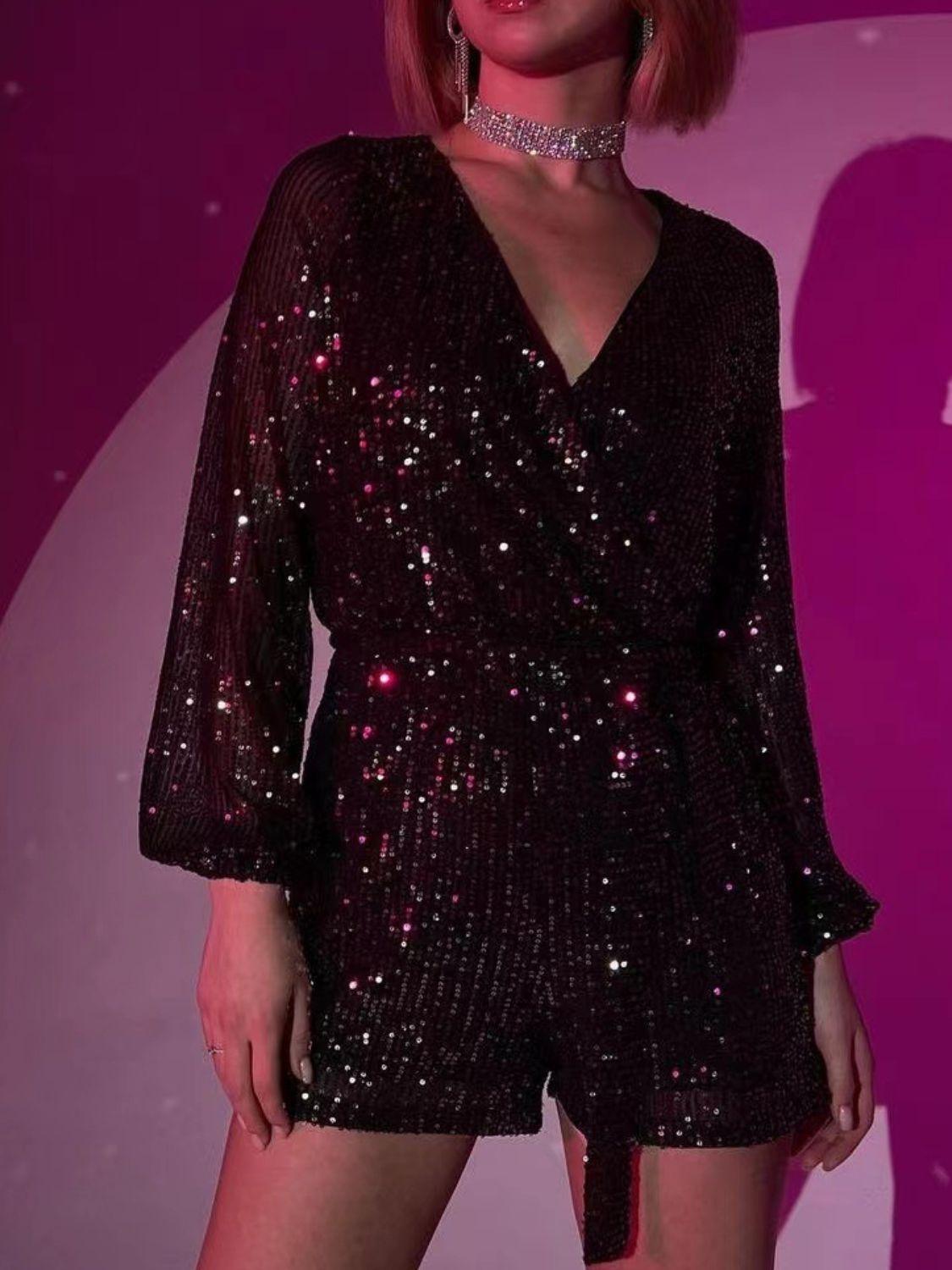 Full Size Sequin Surplice Tie Waist Long Sleeve Romper.