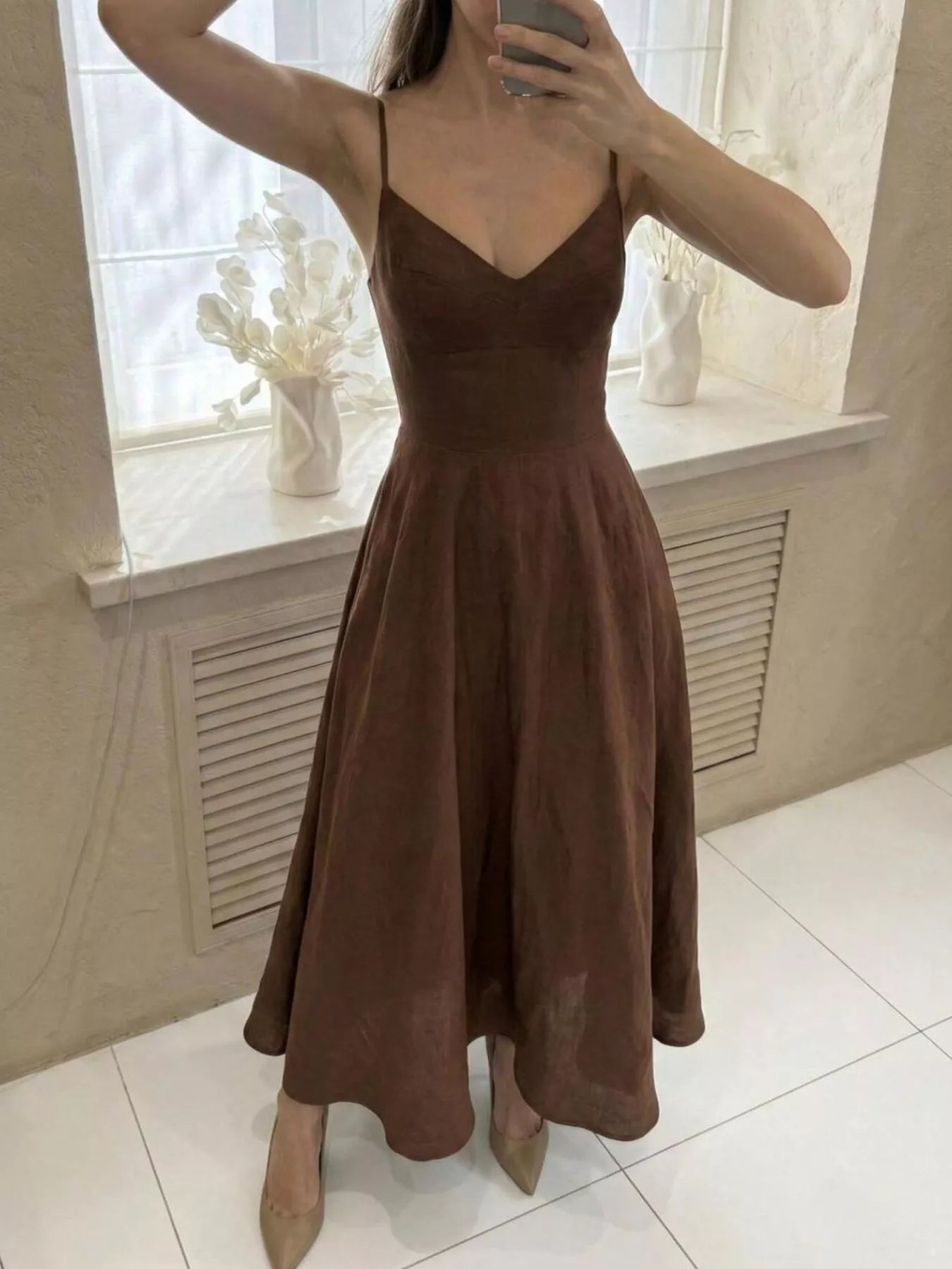 Chocolate Brown A-Line Midi Dress, back view showing the open back, spaghetti straps, and full skirt sweep.