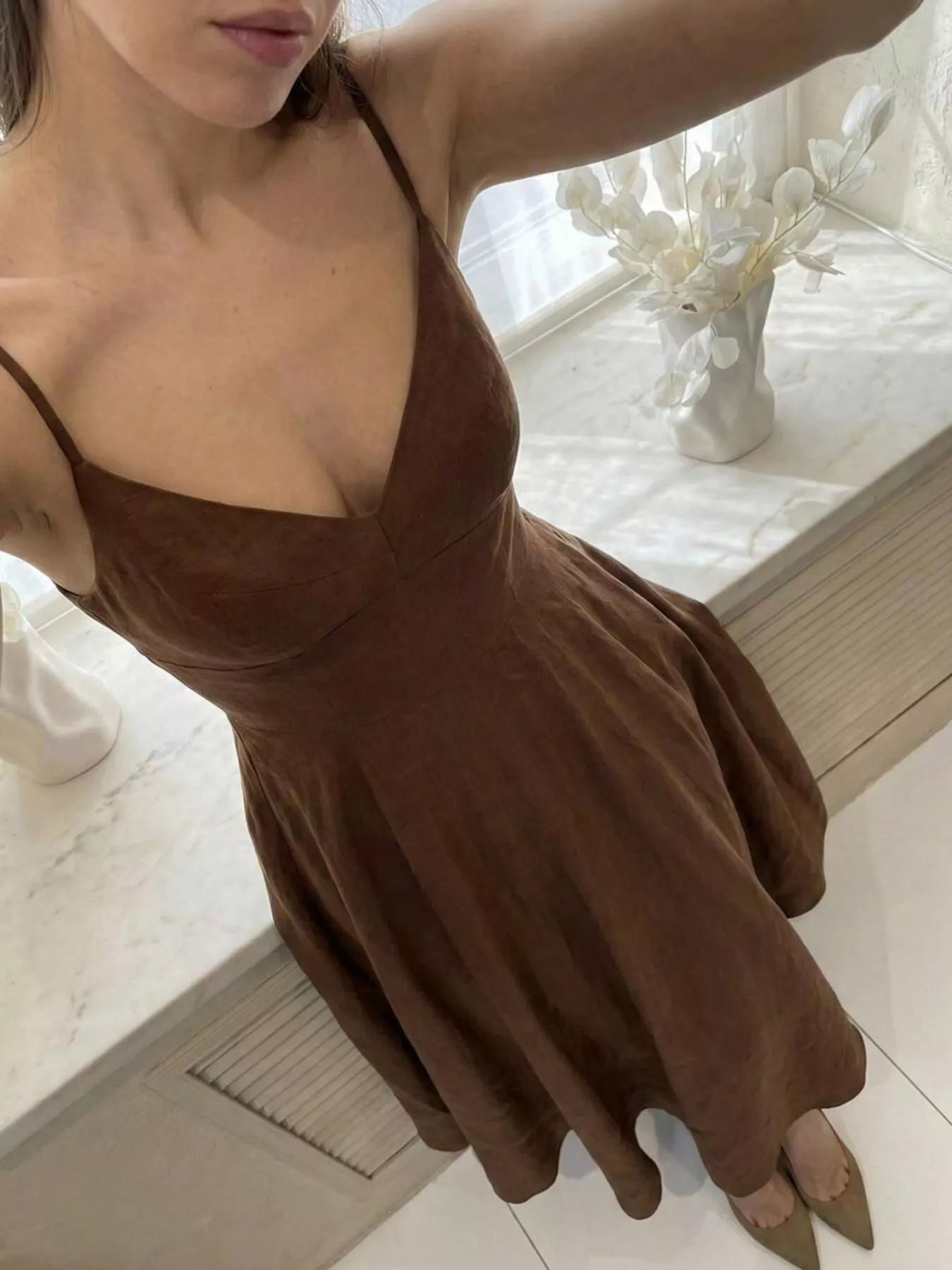 Chocolate Brown A-Line Midi Dress, mid-body view showing the fitted bodice and the gathered waist seam meeting the A-line skirt.