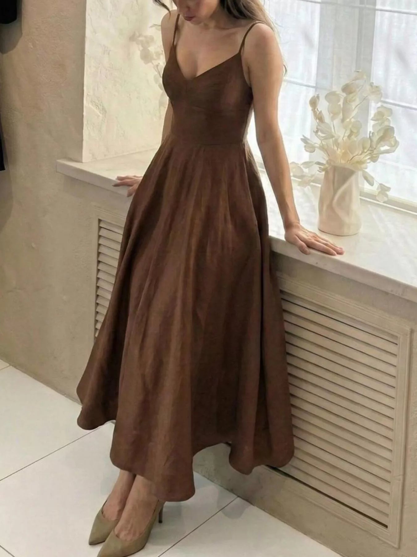 Chocolate Brown Spaghetti Strap A-Line Midi Dress, full-length front view showing the V-neck bodice and full A-line skirt in soft satin.