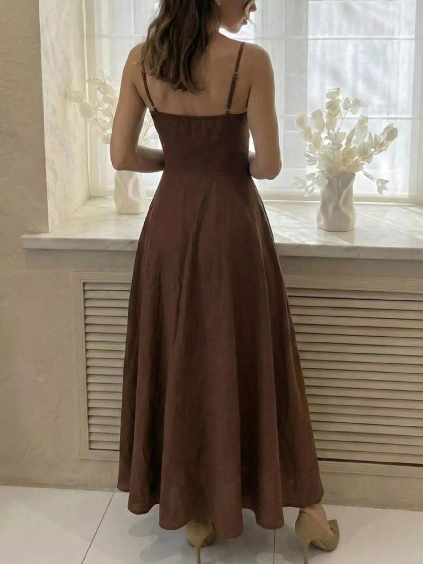 Chocolate Brown Spaghetti Strap A-Line Midi Dress, bodice and fabric detail close-up showing the satin finish.