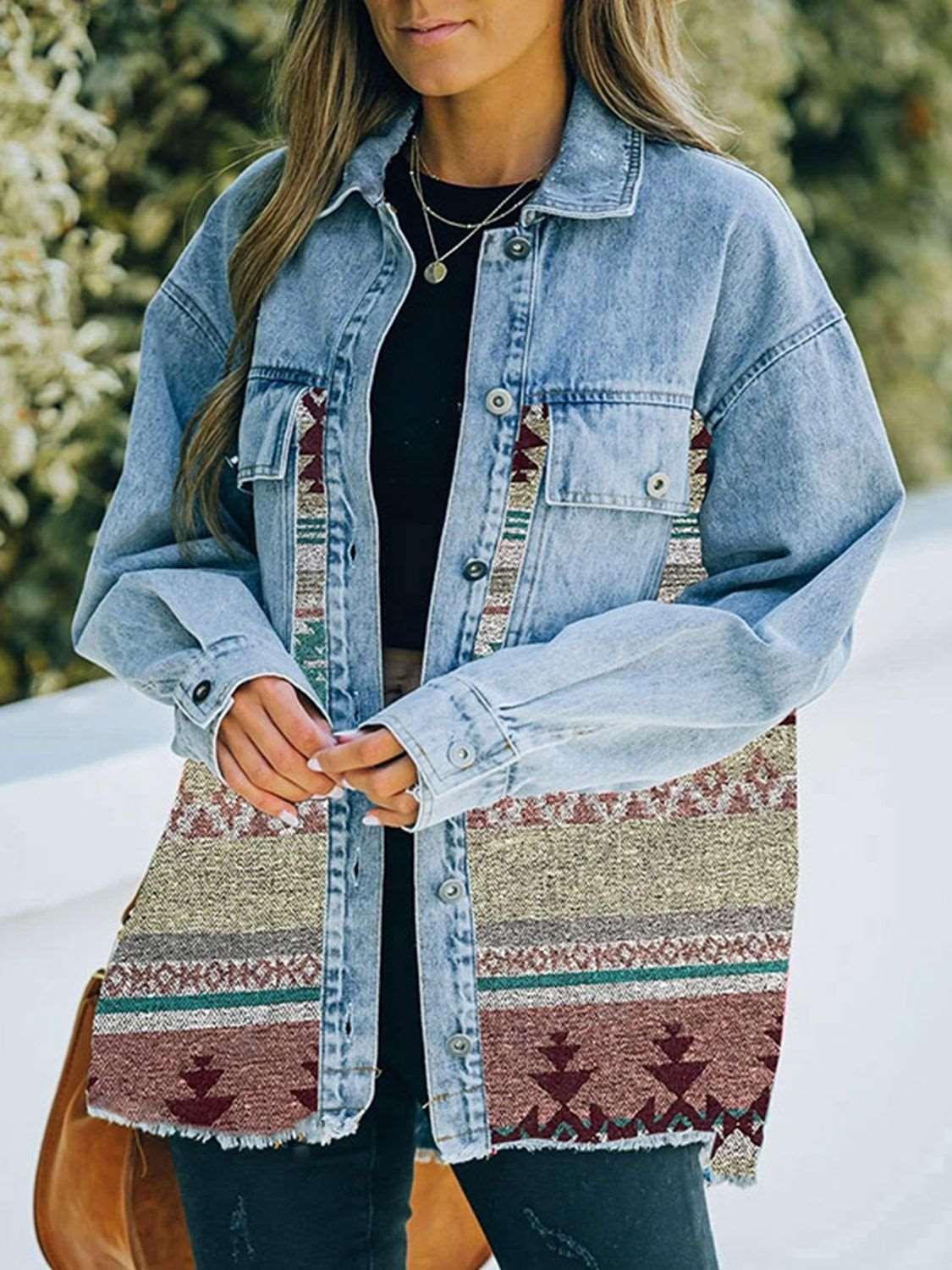 Collared Neck Dropped Shoulder Denim Jacket