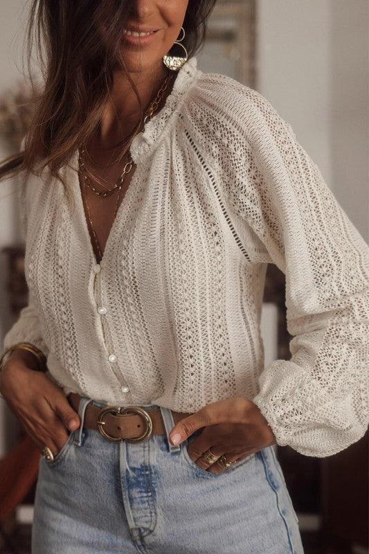 Crochet Lace button v-neck knit sweater blouse shirt.
