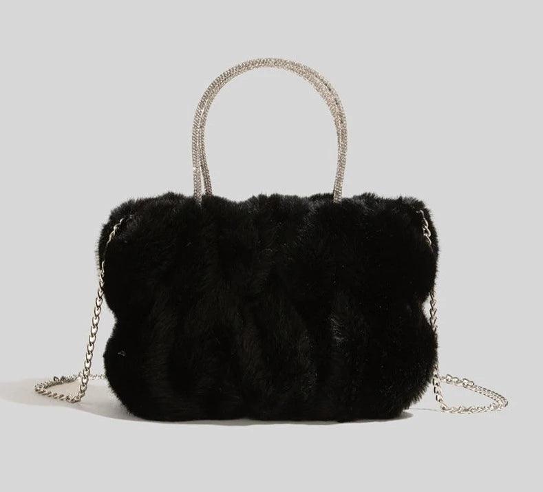 Soft Plush Faux Fur Style Crossbody Bag in Horizontal Square shape with Chain single sling with Magnetic buckle opening. Comes with gift box & gift bag.  Available in; White, Turquoise, Pink, Purple, Brown, Black. 